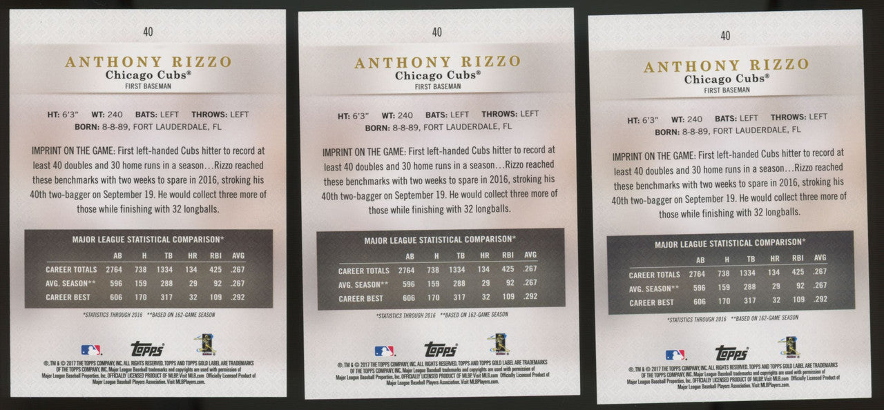 2017 Topps Gold Label Anthony Rizzo Lot of 3 Red /25 /50 /75 #40