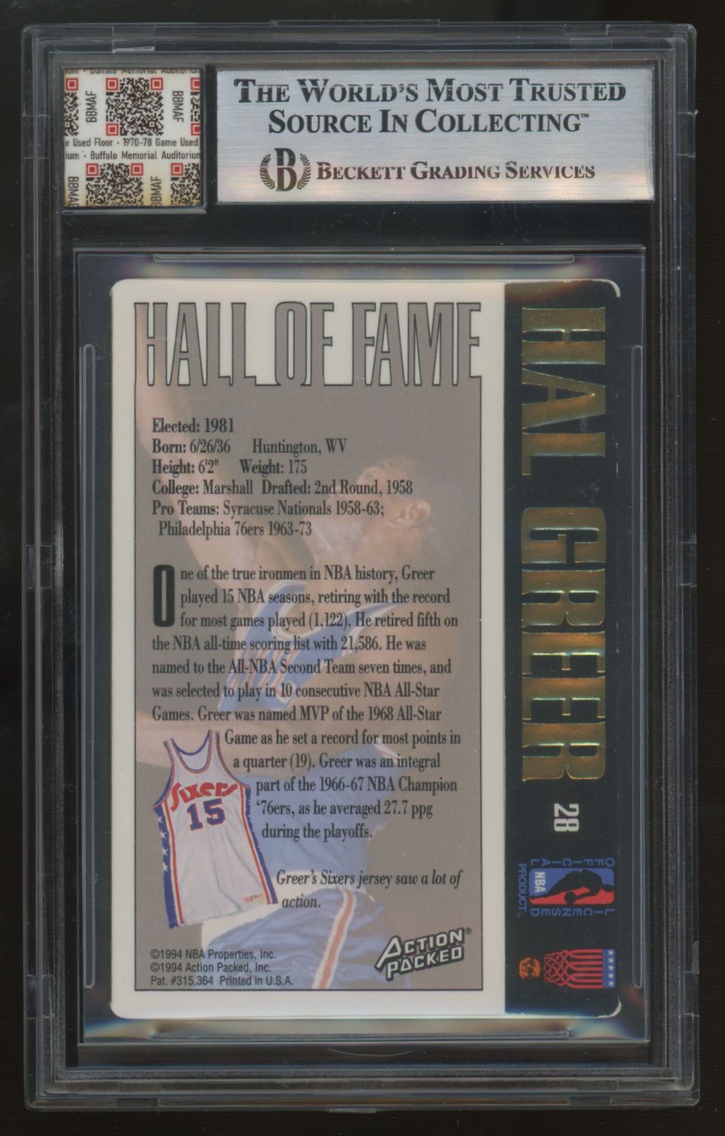 1995-96 Action Packed Hal Greer Cut Auto And Floor Relic Jersey Fusion Authentic