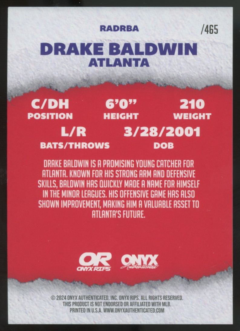 2024 Onyx Rips Drake Baldwin Cracked Ice Auto /465 #RADRBA "A"