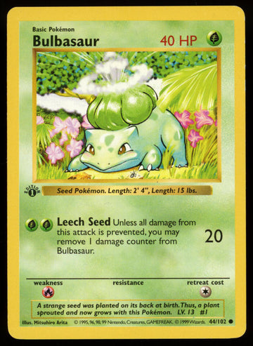 1999 Pokemon Shadowless Bulbasaur Base Set 1st Edition Holofoil LP 44/102