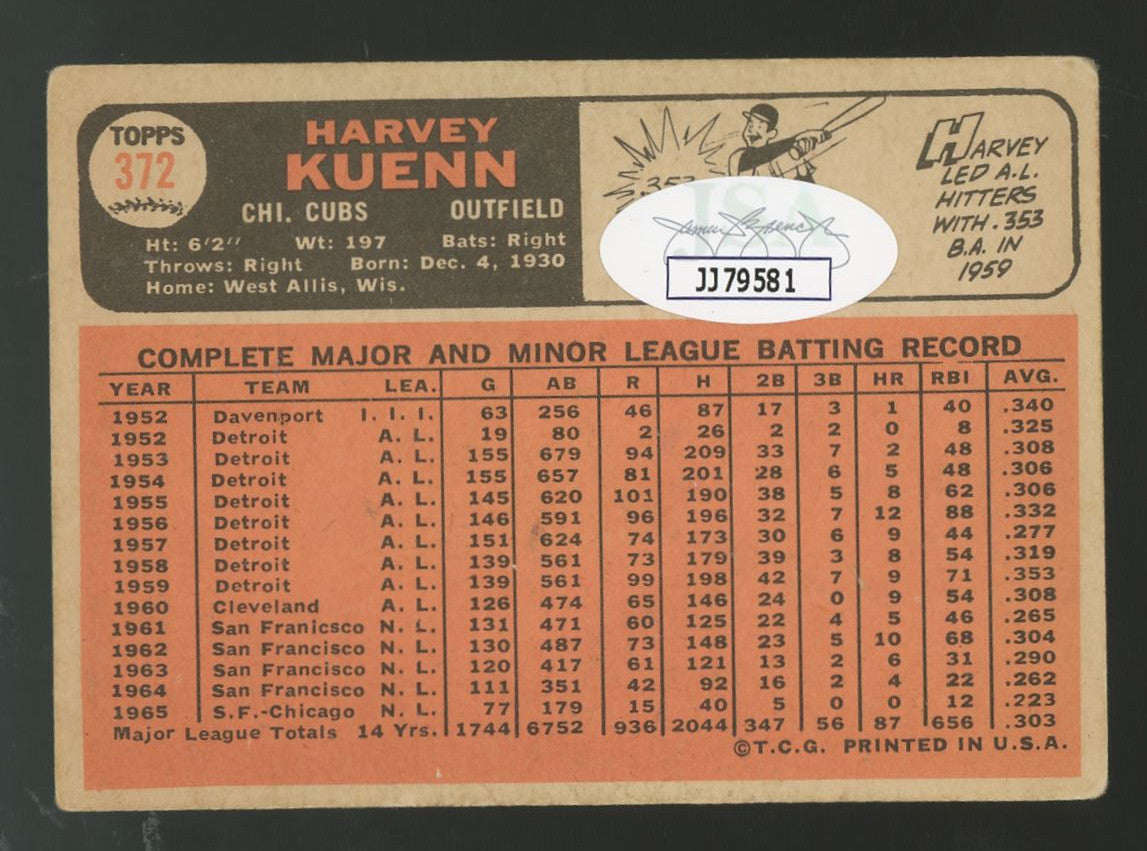 1966 Topps Harvey Kuenn #372 Signed Auto JSA