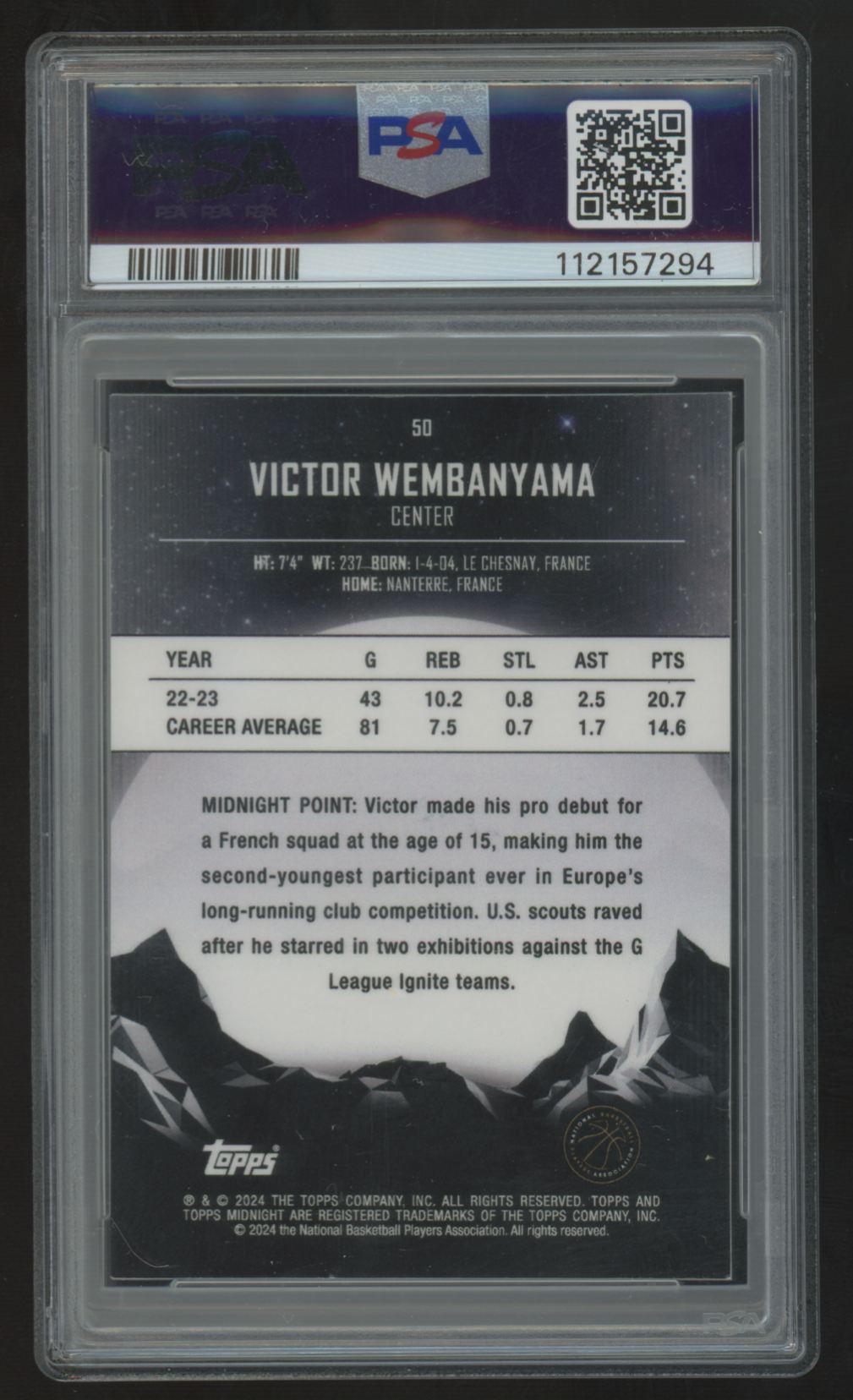 2023-24 Topps Midnight Victor Wembanyama RC Morning /149 #50 PSA 8