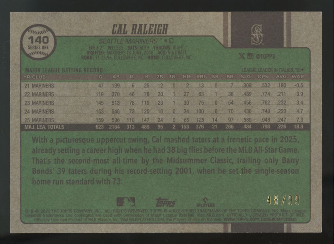 2026 Topps Series One Cal Raleigh Vintage Stock Variation /99 #140