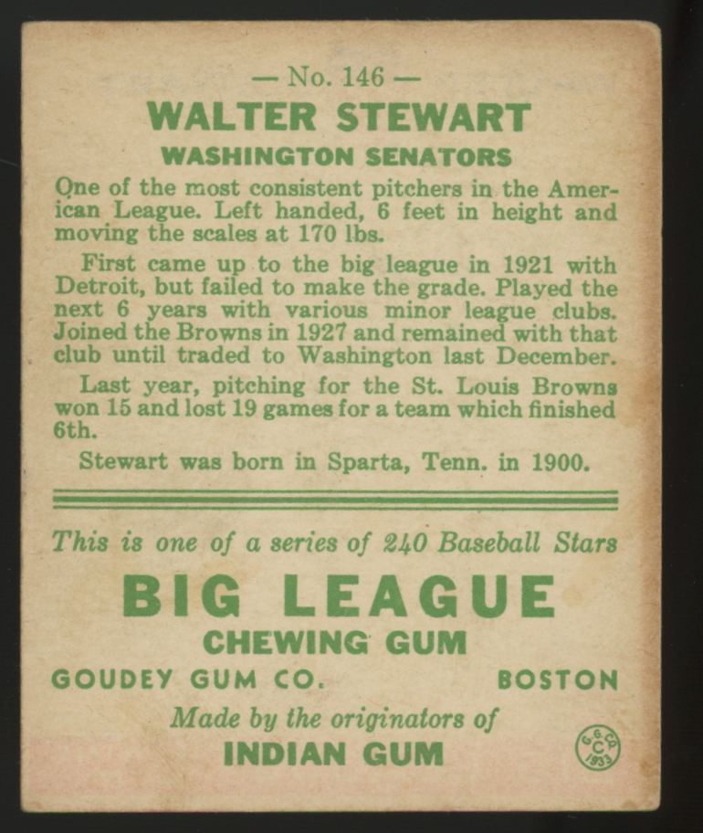 1933 Goudey Walter Stewart #146 VG-EX