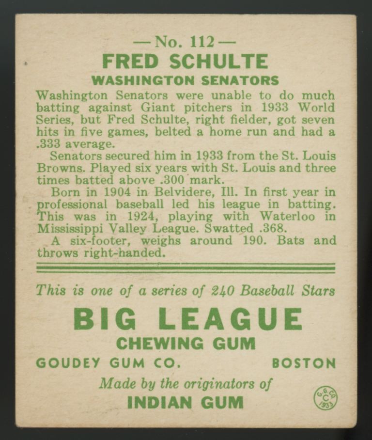 1933 Goudey Fred Schulte #112 VG/EX-EX