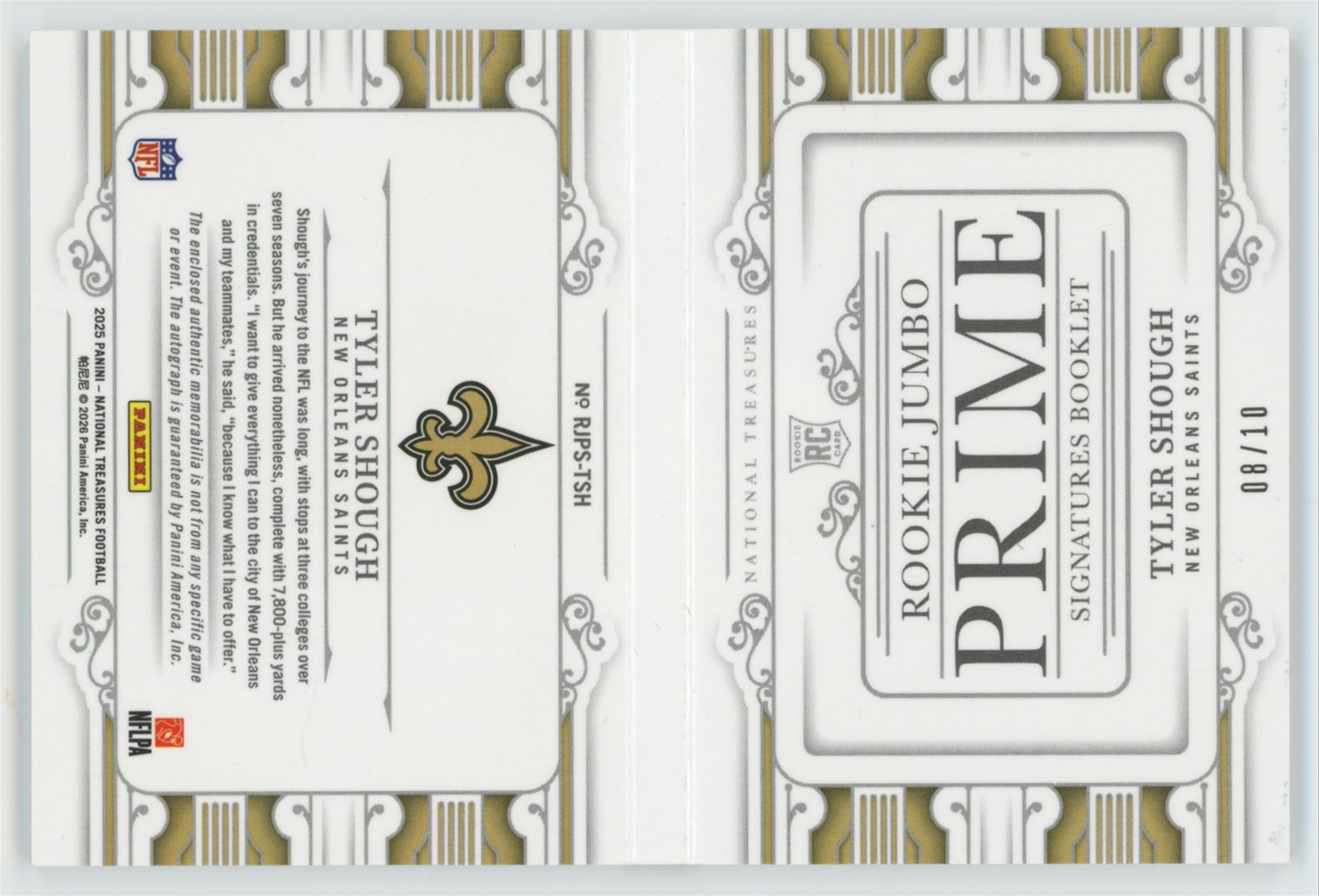 2025 National Treasures Tyler Shough RC Jumbo Prime Patch Auto Booklet RPA /10