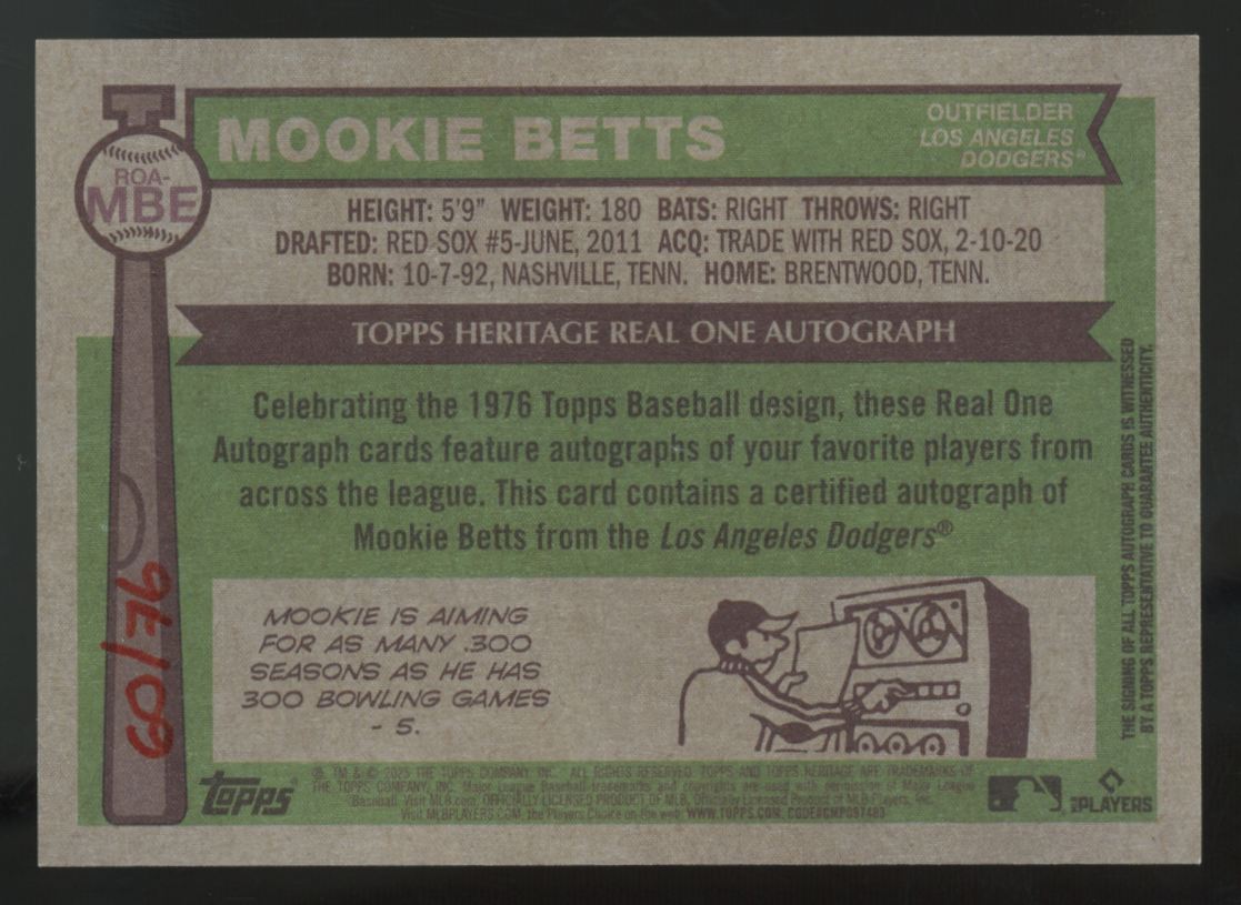 2025 Topps Heritage Mookie Betts Red Ink Real One Auto /76 #ROA-MBE