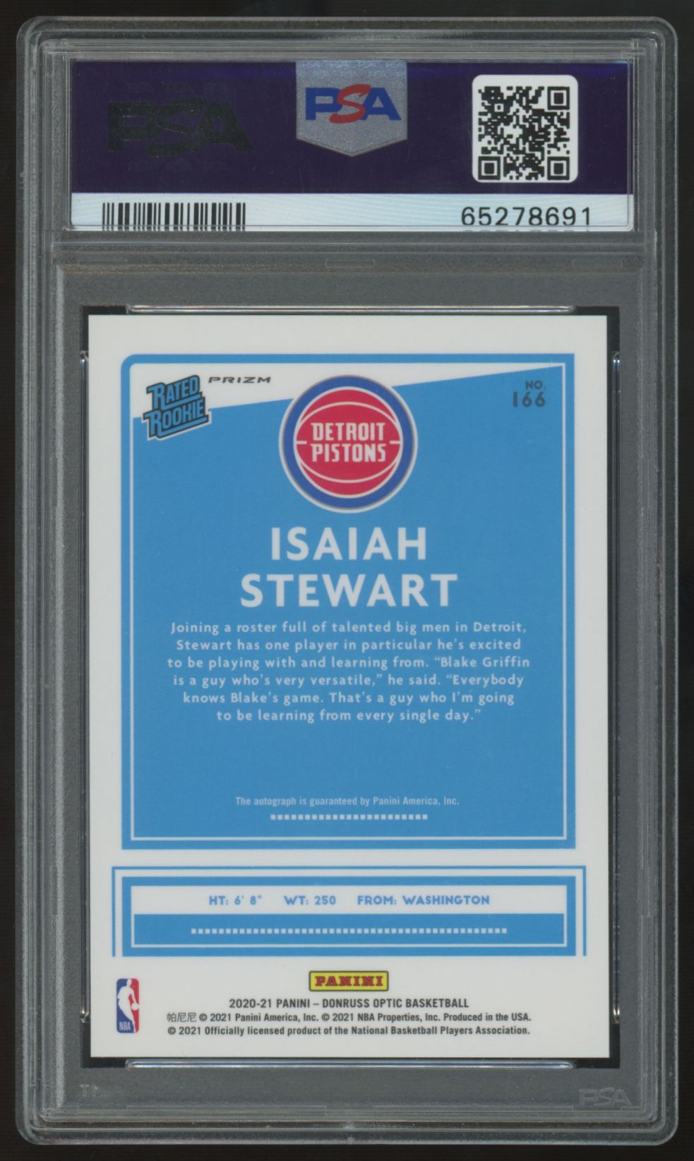 2020-21 Donruss Optic Isaiah Stewart RC Rated Rookie Fast Break Auto #166 PSA 10
