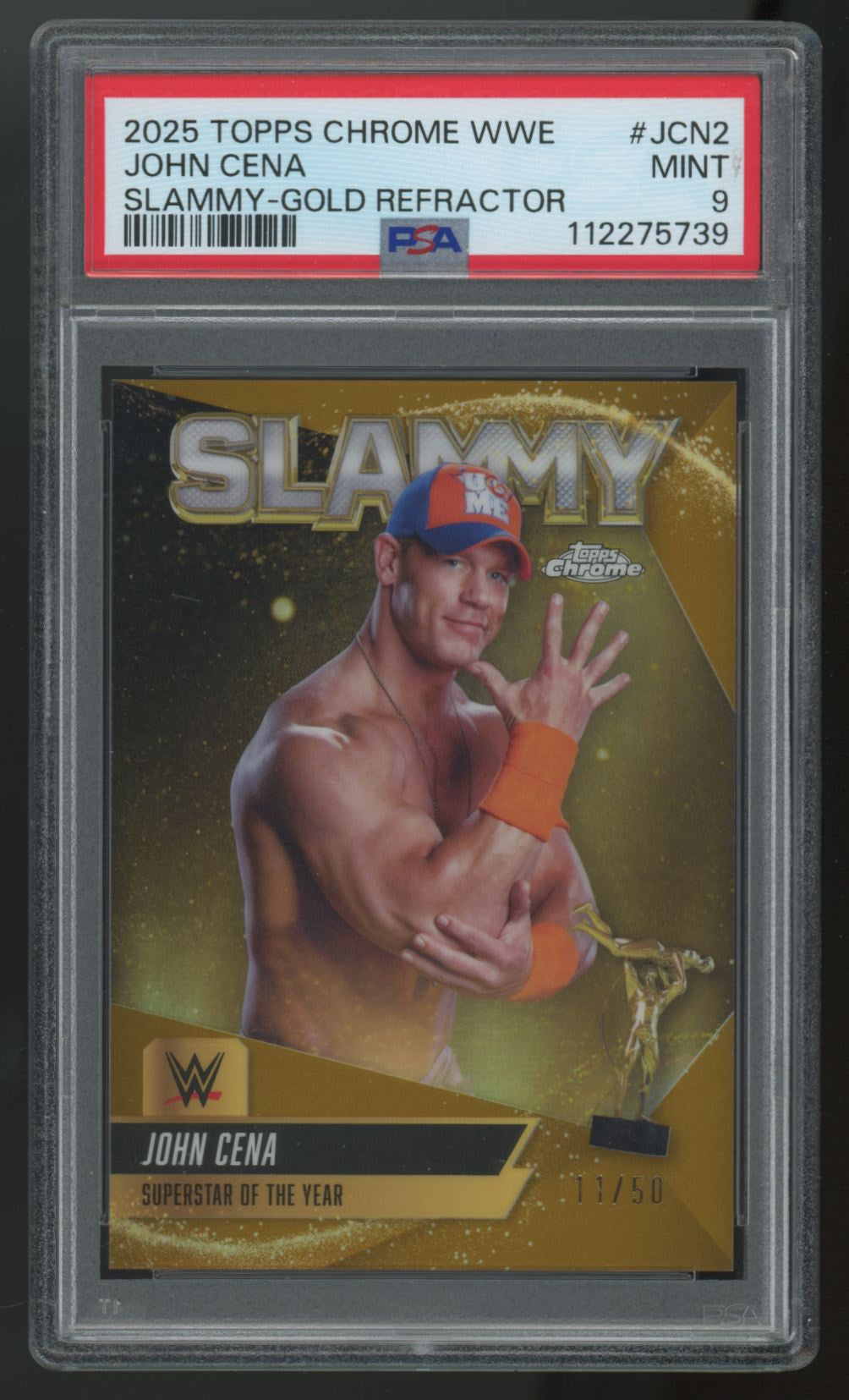 2025 Topps Chrome WWE John Cena Slammy Gold Refractor /50 #SMY-JCN2 PSA 9