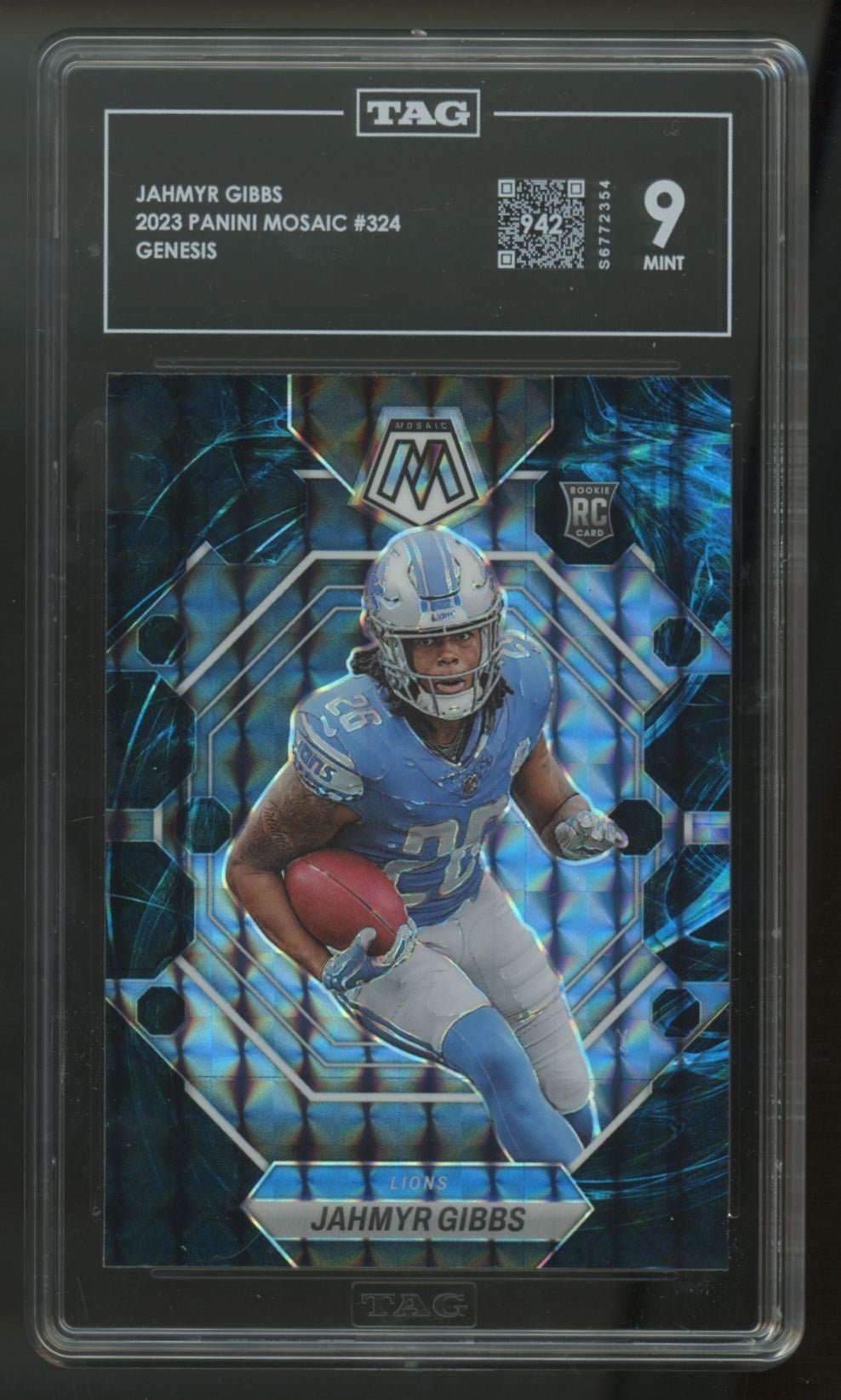2023 Panini Mosaic Jahmyr Gibbs RC Genesis Prizm SSP #324 TAG 9