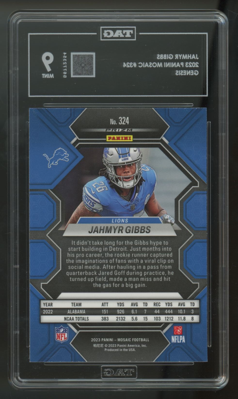 2023 Panini Mosaic Jahmyr Gibbs RC Genesis Prizm SSP #324 TAG 9