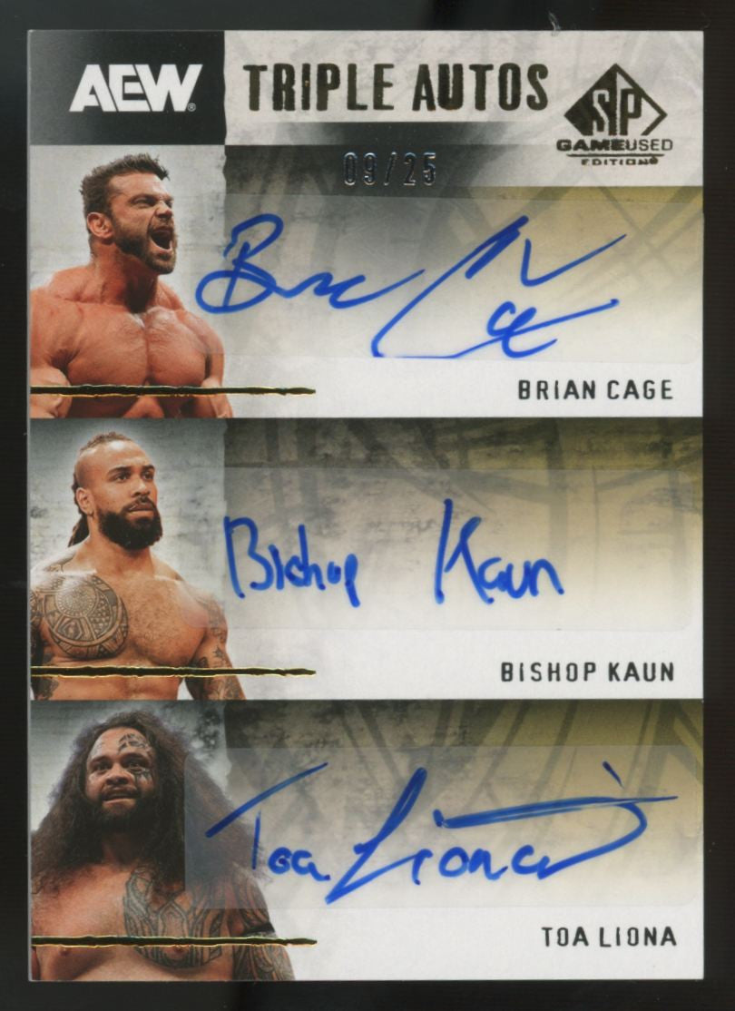 2025 SP Game Used AEW Brian Cage/Bishop Kaun/Toa Liona Triple Auto /25 #TA-CKL