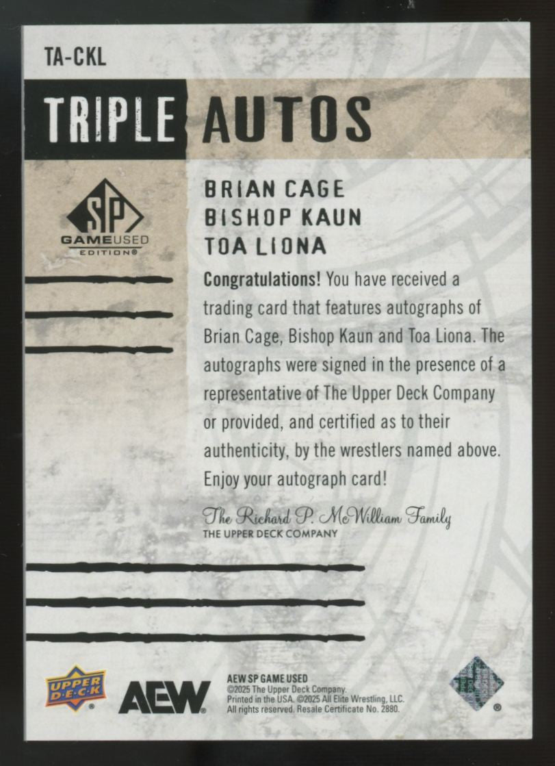 2025 SP Game Used AEW Brian Cage/Bishop Kaun/Toa Liona Triple Auto /25 #TA-CKL