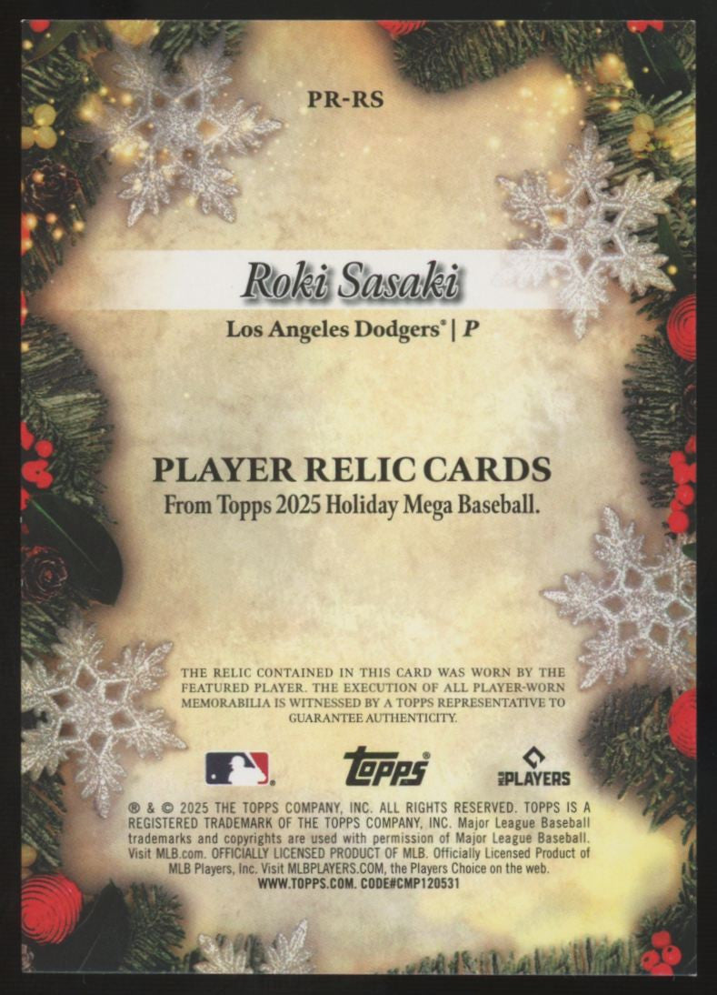 2025 Topps Holiday Mega Roki Sasaki RC Blue Metallic Patch /299 #PR-RS