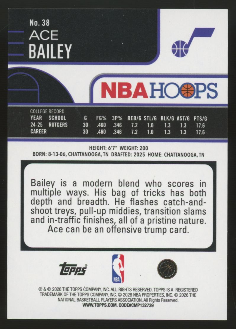2025-26 Topps NBA Hoops Ace Bailey RC Pixel Burst Black /10 #38