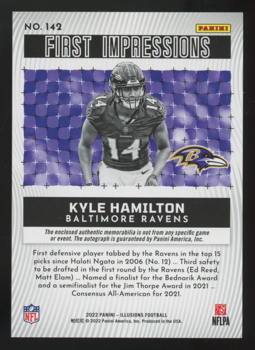 2022 Illusions Kyle Hamilton RC Blue First Impressions Patch Auto RPA /75 #142
