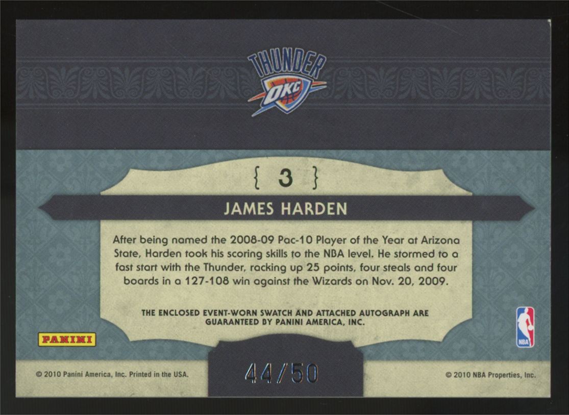 2009-10 Timeless Treasures James Harden RC NBA Apprentice Patch Auto RPA /50 #3