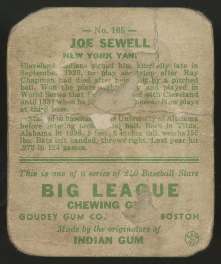 1933 Goudey Joe Sewell #165 Poor
