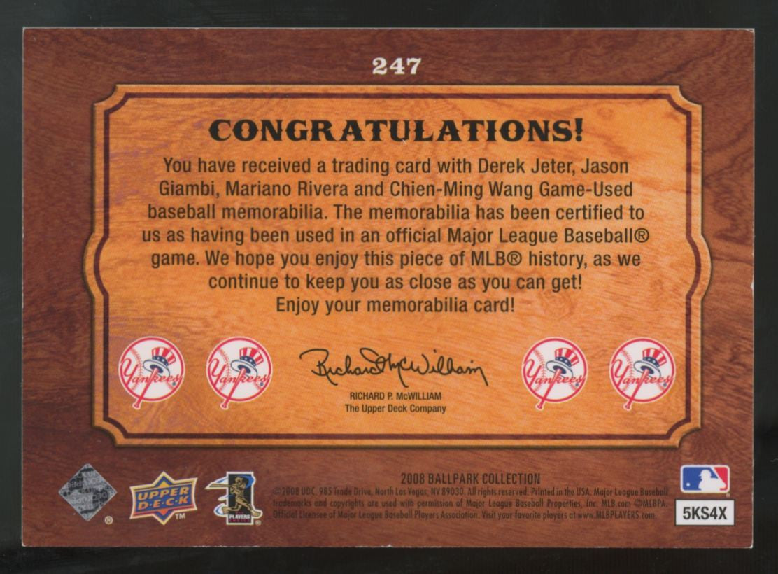 2008 Upper Deck Ballpark Edition Jeter/Giambi/Rivera/Wang Quad Patch #247