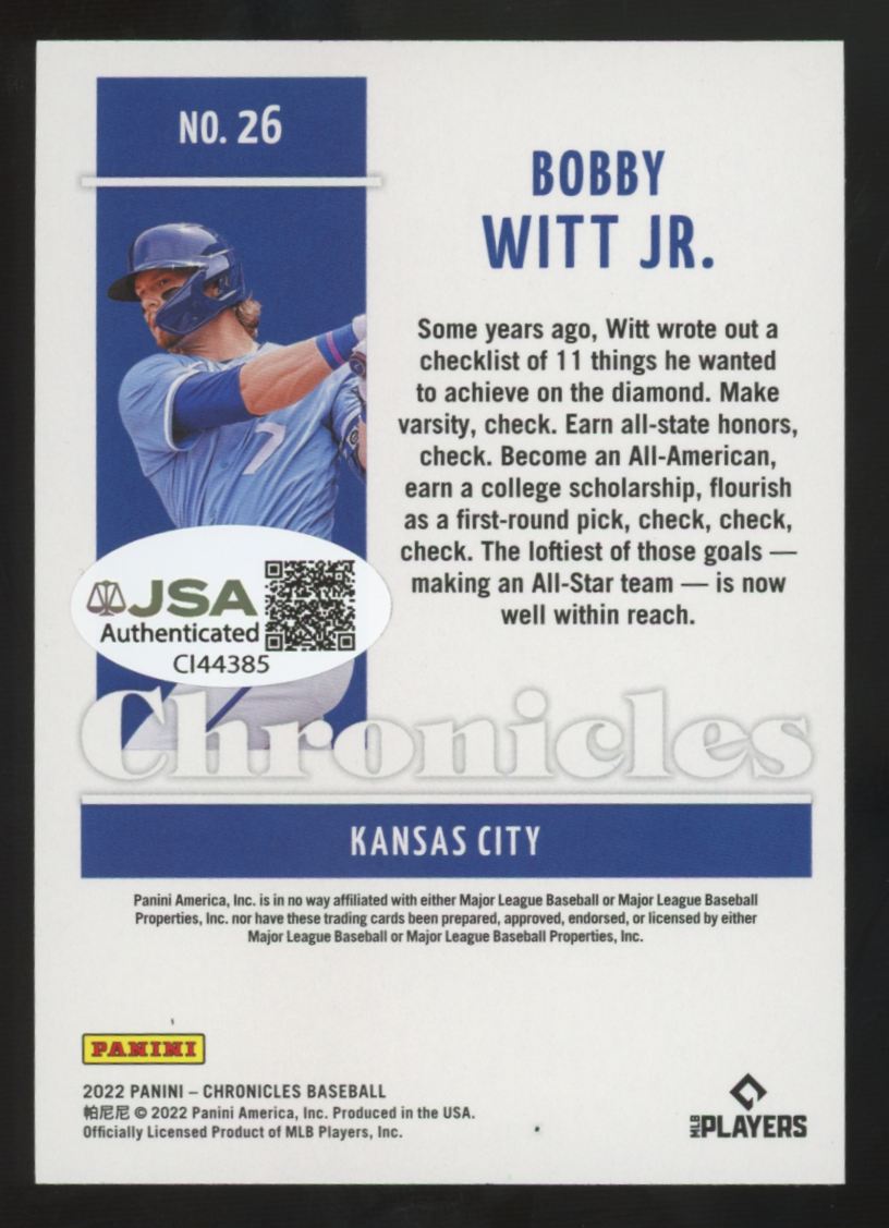 2022 Panini Chronicles Bobby Witt Jr RC Signed IP Auto #26 JSA Authentic
