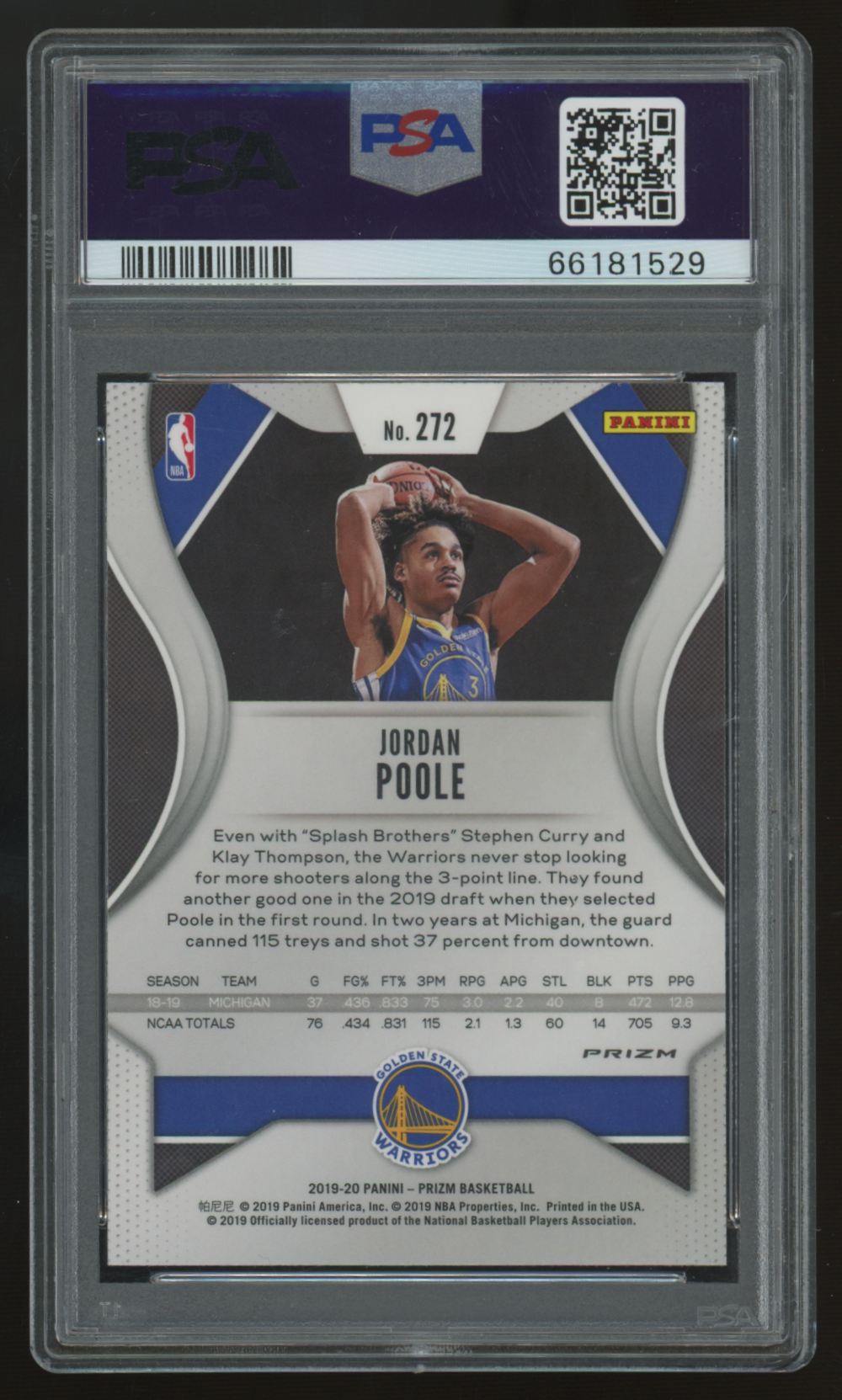 2019-20 Panini Prizm Jordan Poole RC Ruby Wave #272 PSA 10