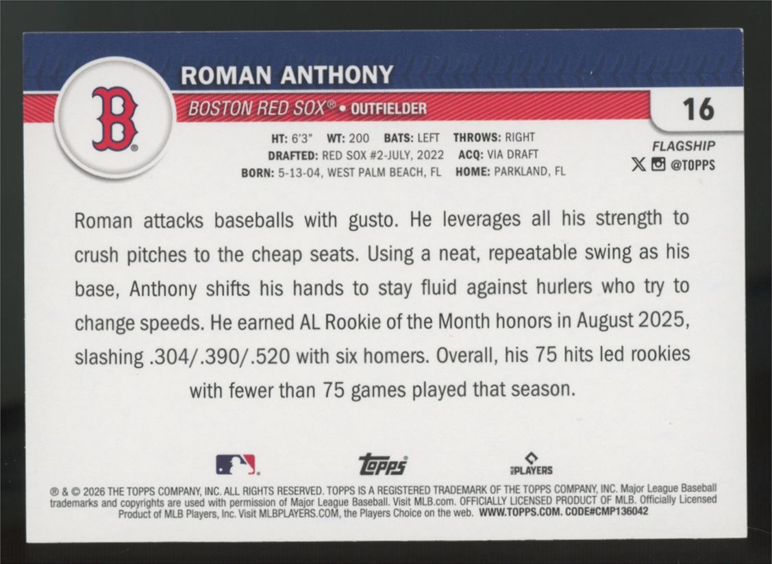 2026 Topps Flagship Roman Anthony RC Platinum 1/1 #16 *Read*
