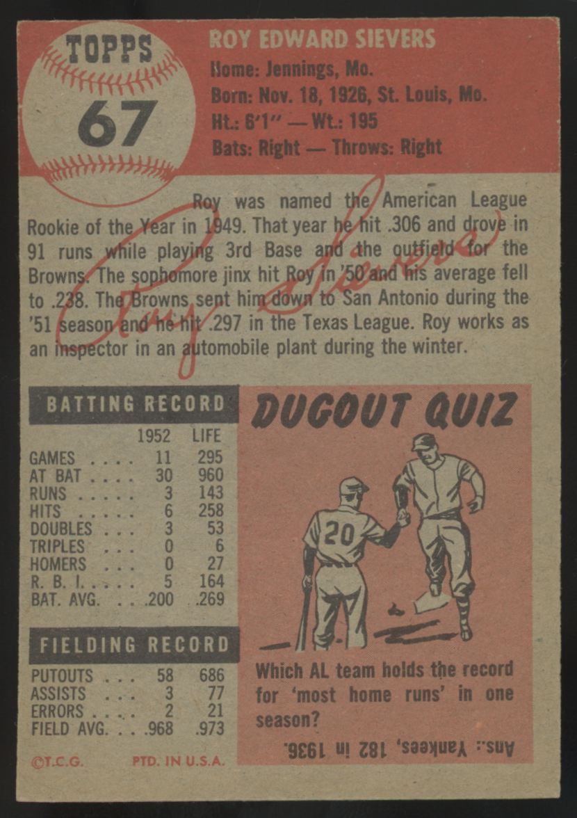 1953 Topps Roy Sievers #67 NM