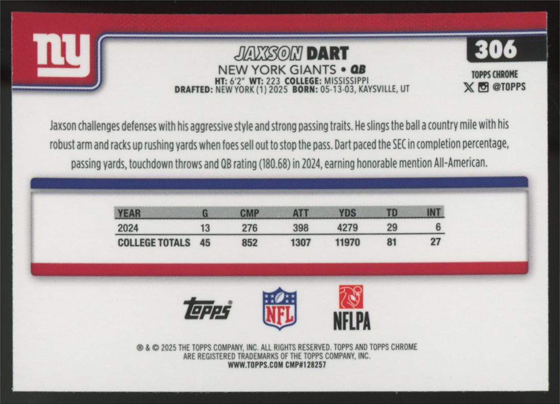 2025 Topps Chrome Jaxson Dart RC Pulsar Refractor #306 "A"