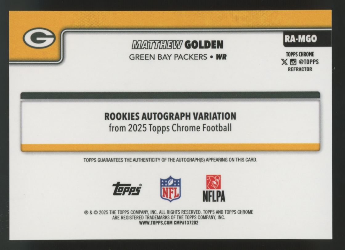 2025 Topps Chrome Matthew Golden RC Refractor Auto /499 #RA-MGO