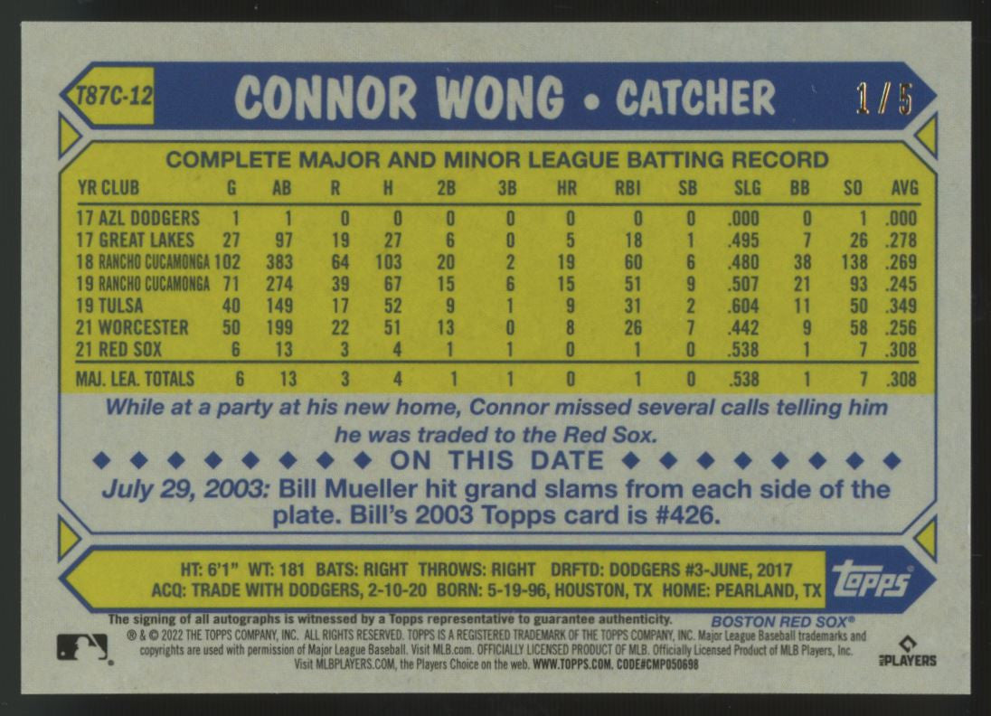 2022 Topps Chrome Silver Pack Connor Wong RC Auto Red /5 #T87C-12