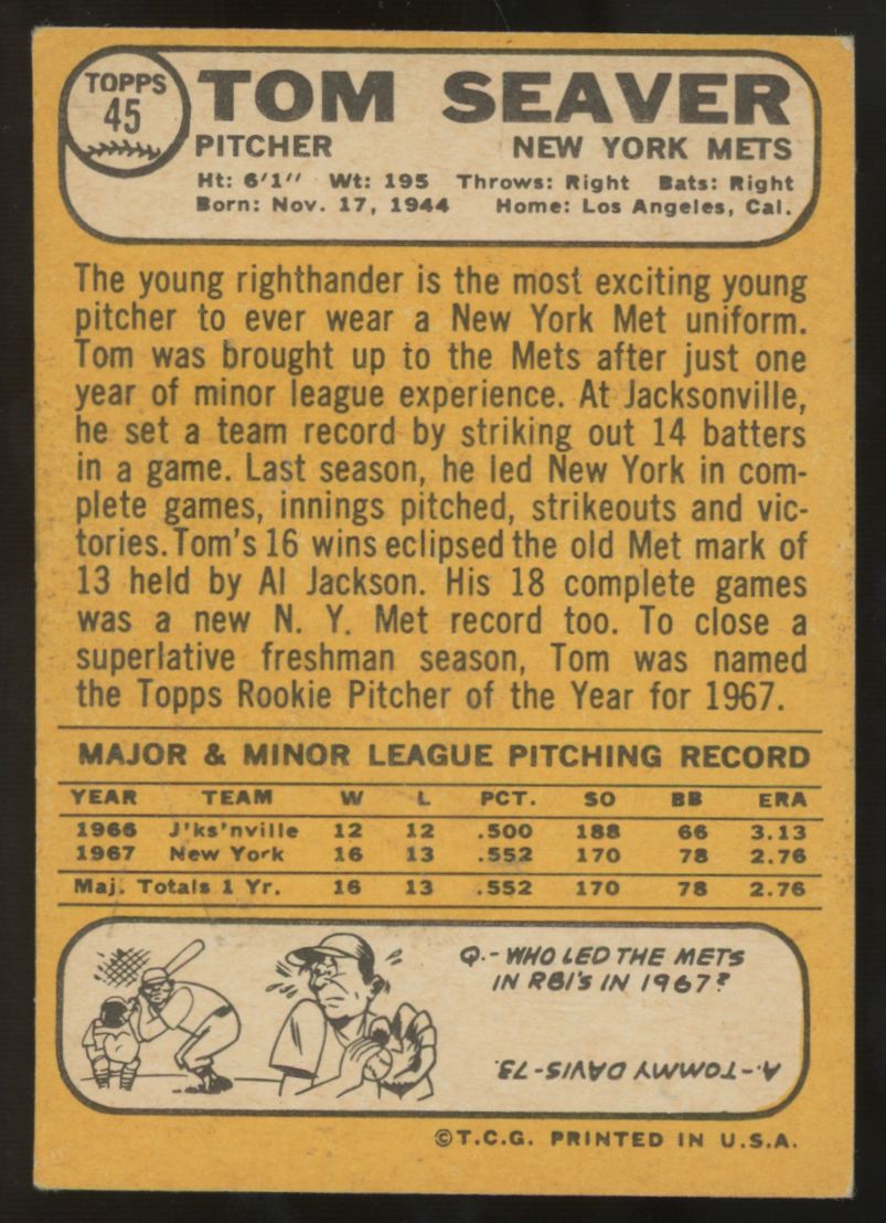 1968 Topps Tom Seaver #45 VG/EX-EX "A"