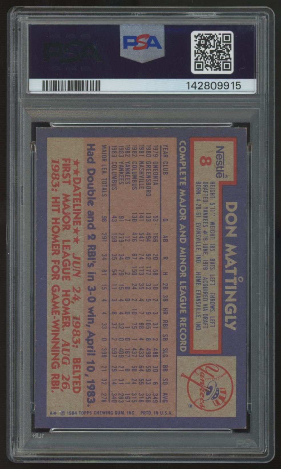 1984 Topps Nestle Don Mattingly RC Hand Cut #8 PSA 7 *915