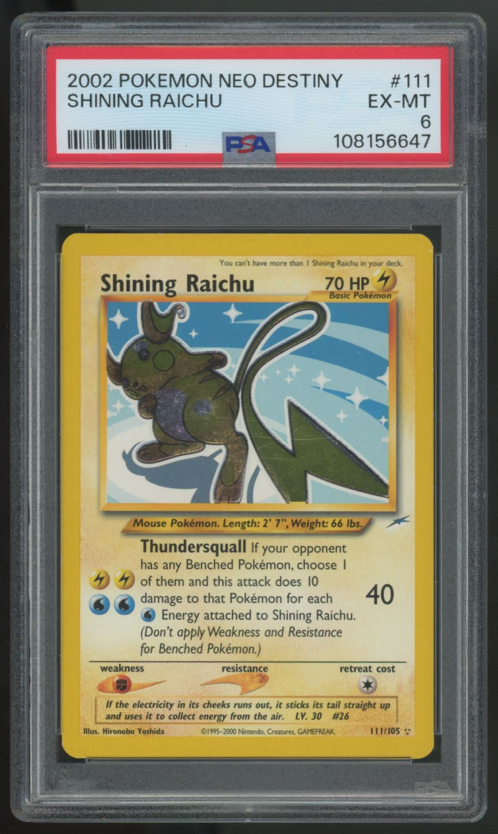 2002 Pokemon Shining Raichu Neo Destiny Unlimited Holo #111 PSA 6 (B)