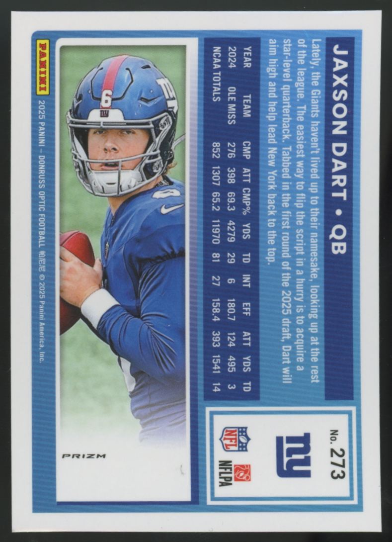 2025 Donruss Optic Jaxson Dart RC Rated Rookie Silver Holo #273