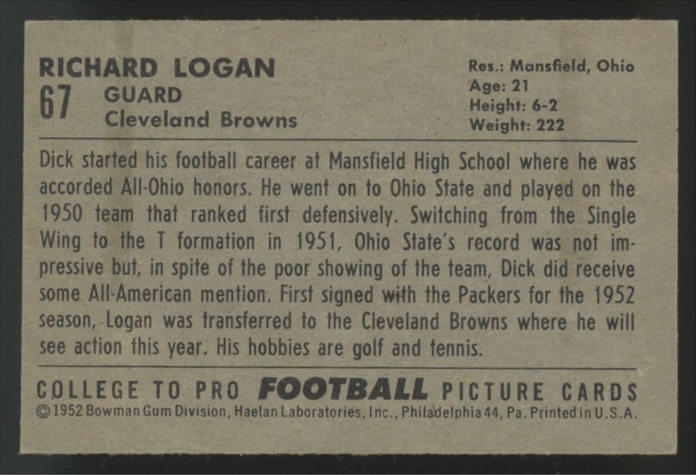 1952 Bowman Small Richard Logan #67 EX+