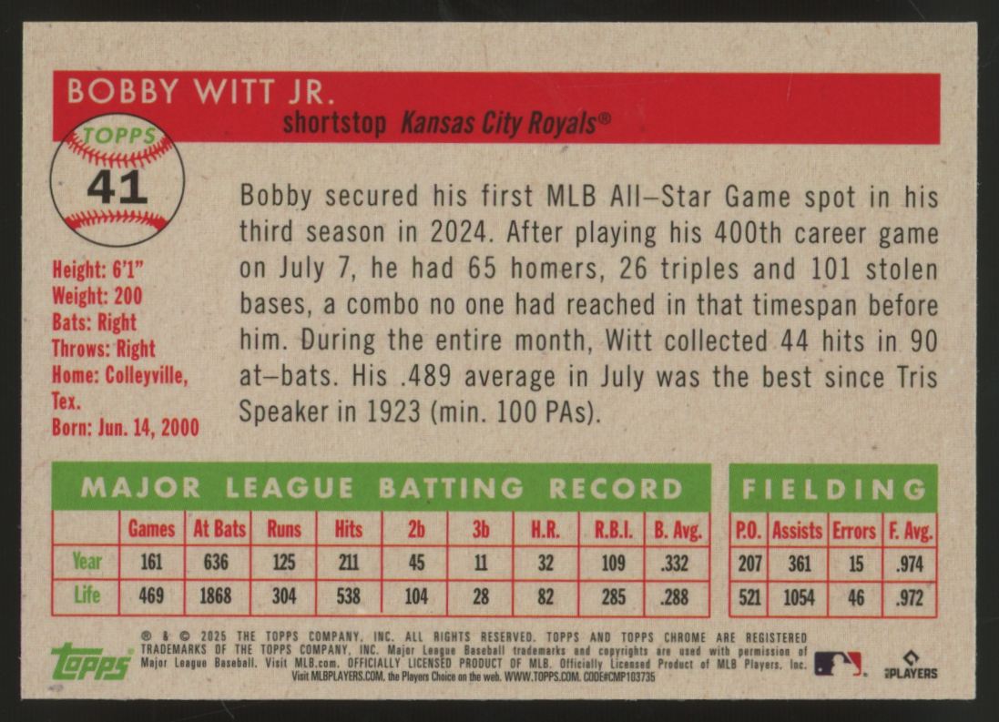 2025 Topps Chrome Platinum Bobby Witt Jr. Toile Cream/Fuchsia Shimmer /100