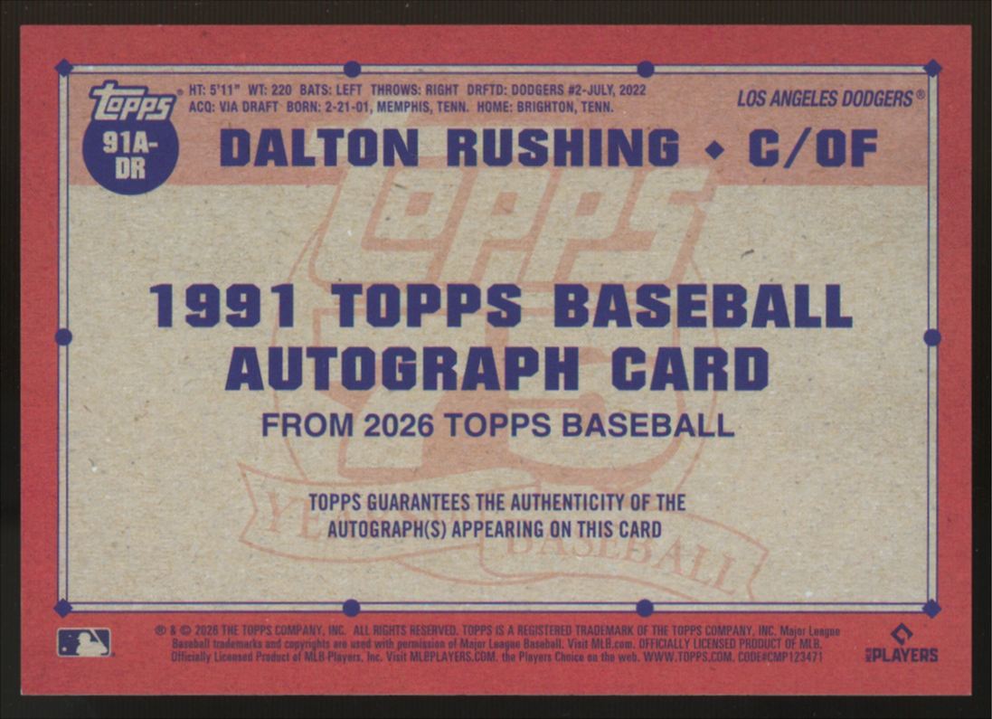 2026 Topps Series Two Dalton Rushing 1991 Auto #91A-DR