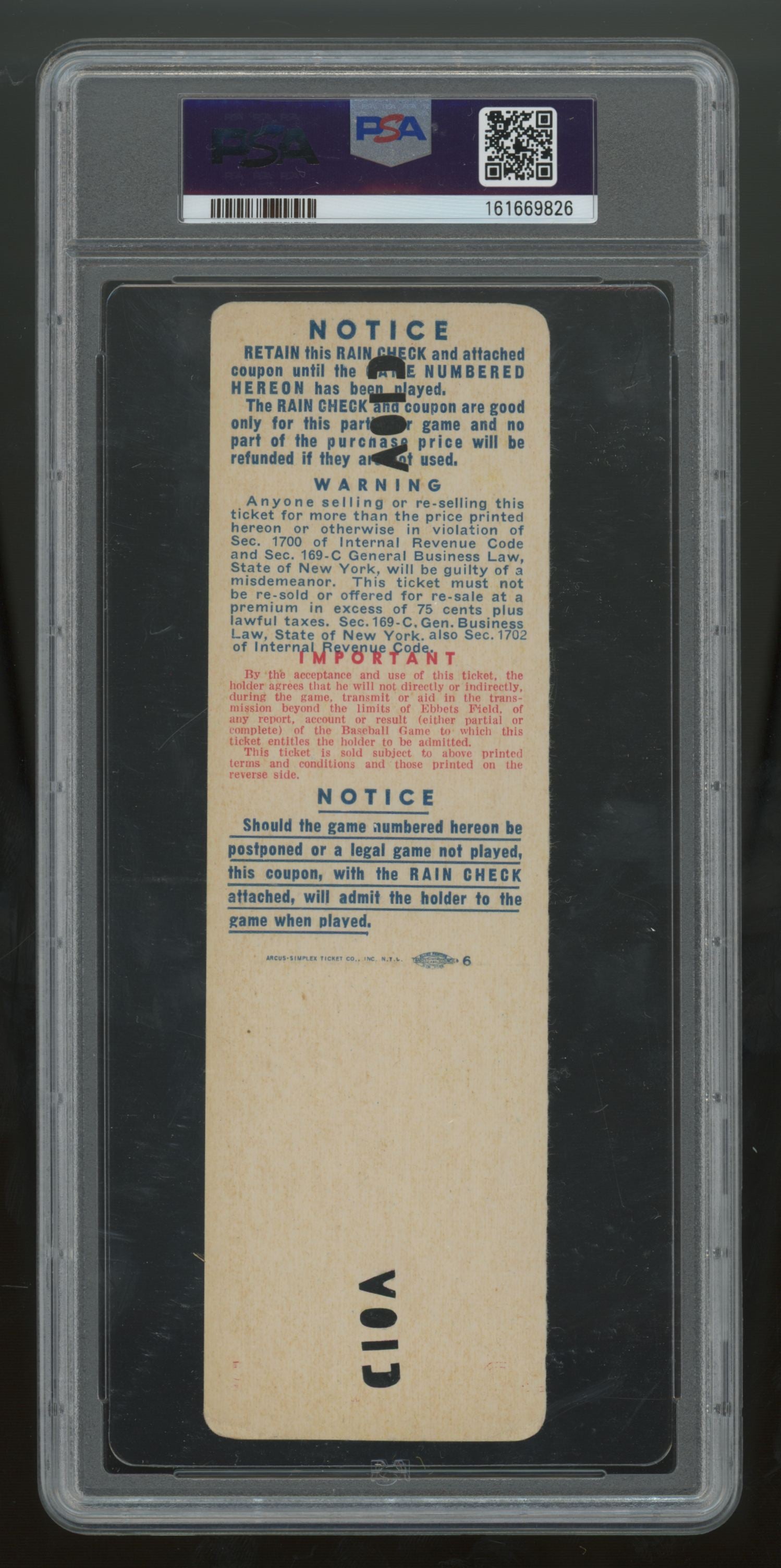 1941 World Series Game 3 Yankees Dodgers Void Ticket Full PSA 5