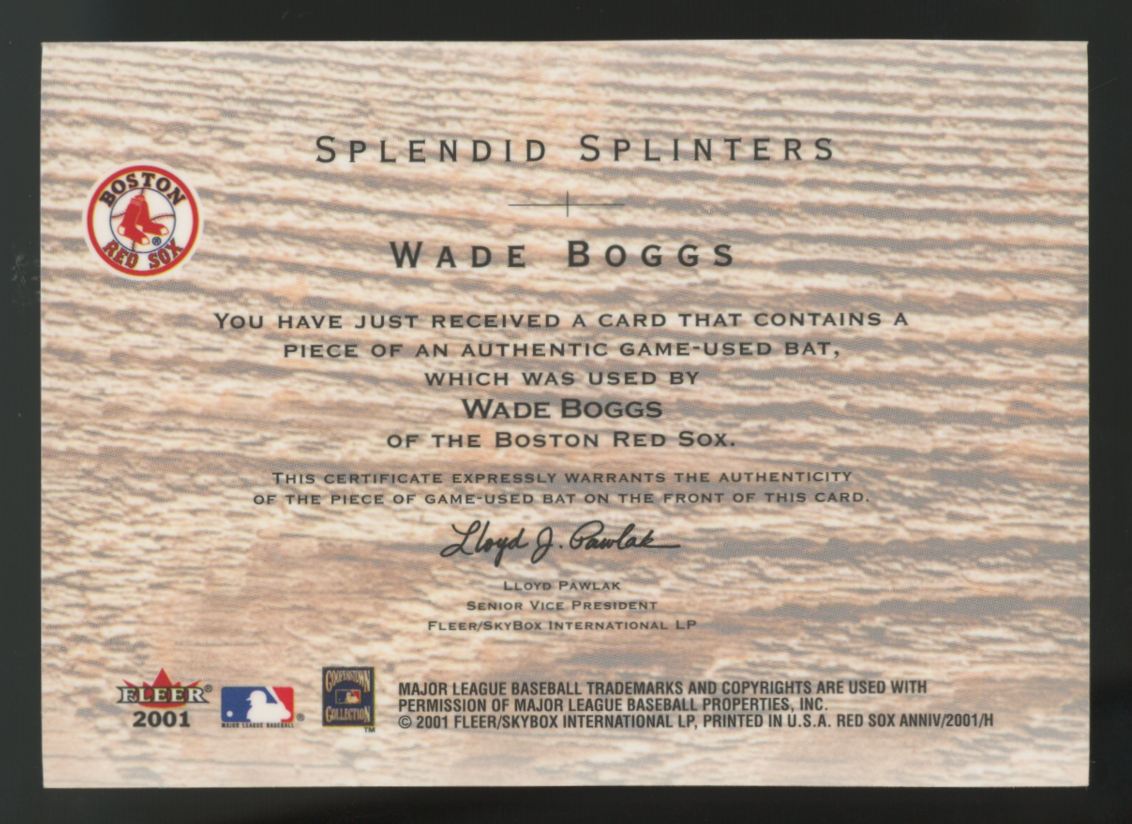 2001 Fleer Red Sox 100th Wade Boggs Splendid Splinters Bat Relic
