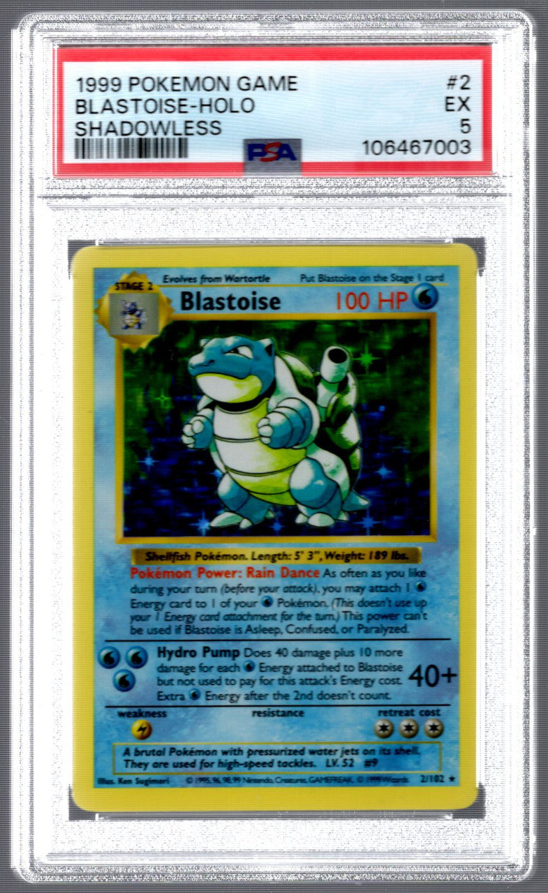 1999 Pokemon Blastoise Base Set Shadowless Holo #2 PSA 5