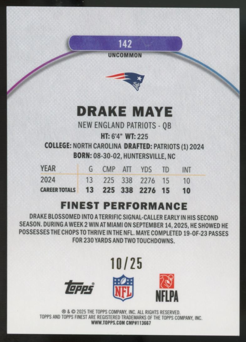 2025 Topps Finest Drake Maye Uncommon Gold /25 #142