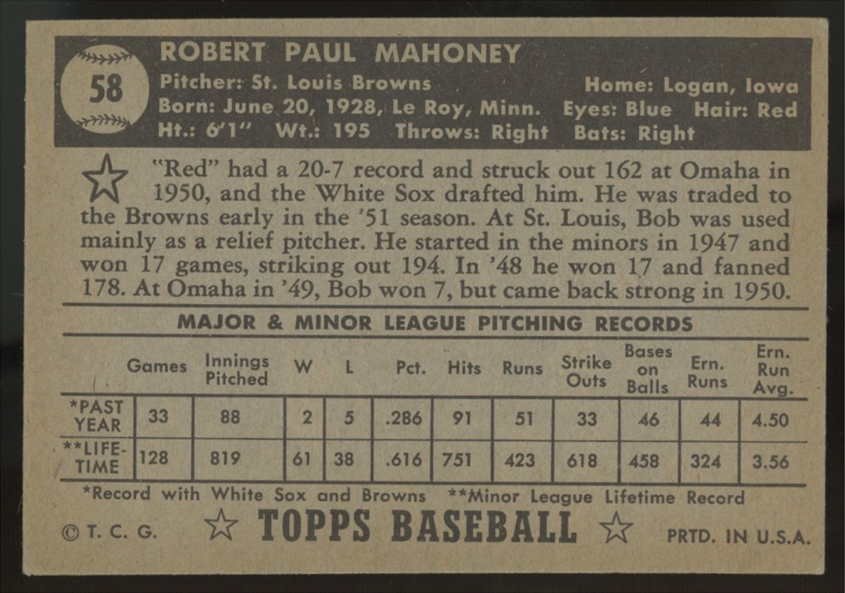 1952 Topps Bob Mahoney Black Back #58 EX