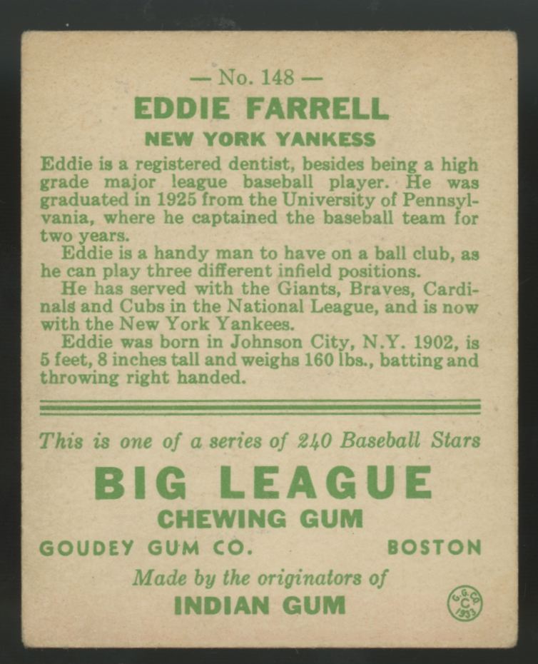 1933 Goudey Eddie Farrell #148 VG
