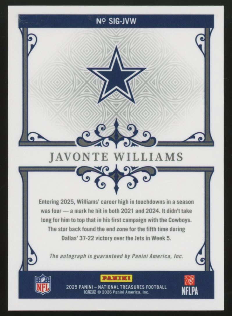 2025 National Treasures Javonte Williams Signatures Auto /99 #SIG-JVW