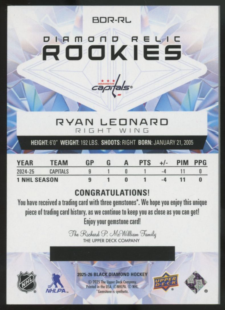 2025-26 UD Black Diamond Ryan Leonard RC Triple Diamond Relic /99 #BDR-RL