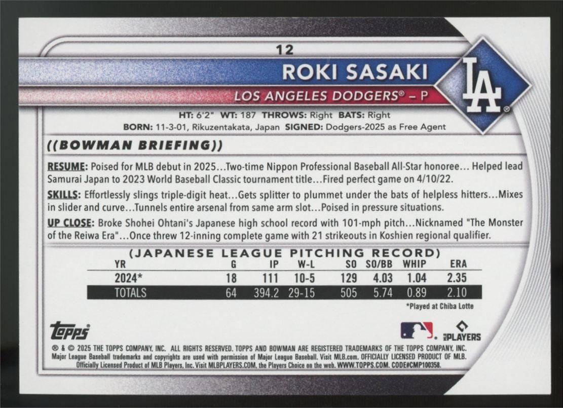 2025 Bowman Roki Sasaki RC Blue /150 #12