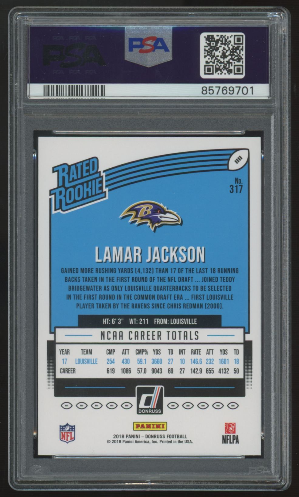 2018 Panini Donruss Lamar Jackson RC Rated Rookie #317 PSA 10
