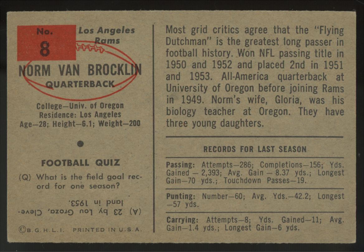 1954 Bowman Norm Van Brocklin #8 EX
