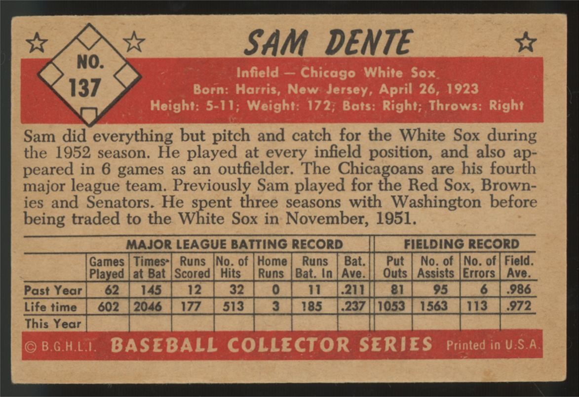 1953 Bowman Sam Dente #137 VG/EX