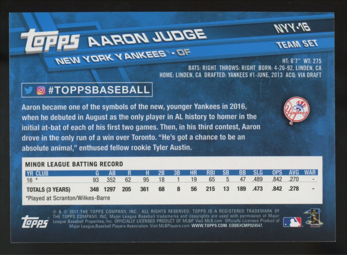 2017 Topps Aaron Judge RC Team Set #NYY-16